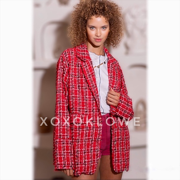 POL Red Tweed Blazer Plaid Print Relaxed Fit - Picture 3 of 16